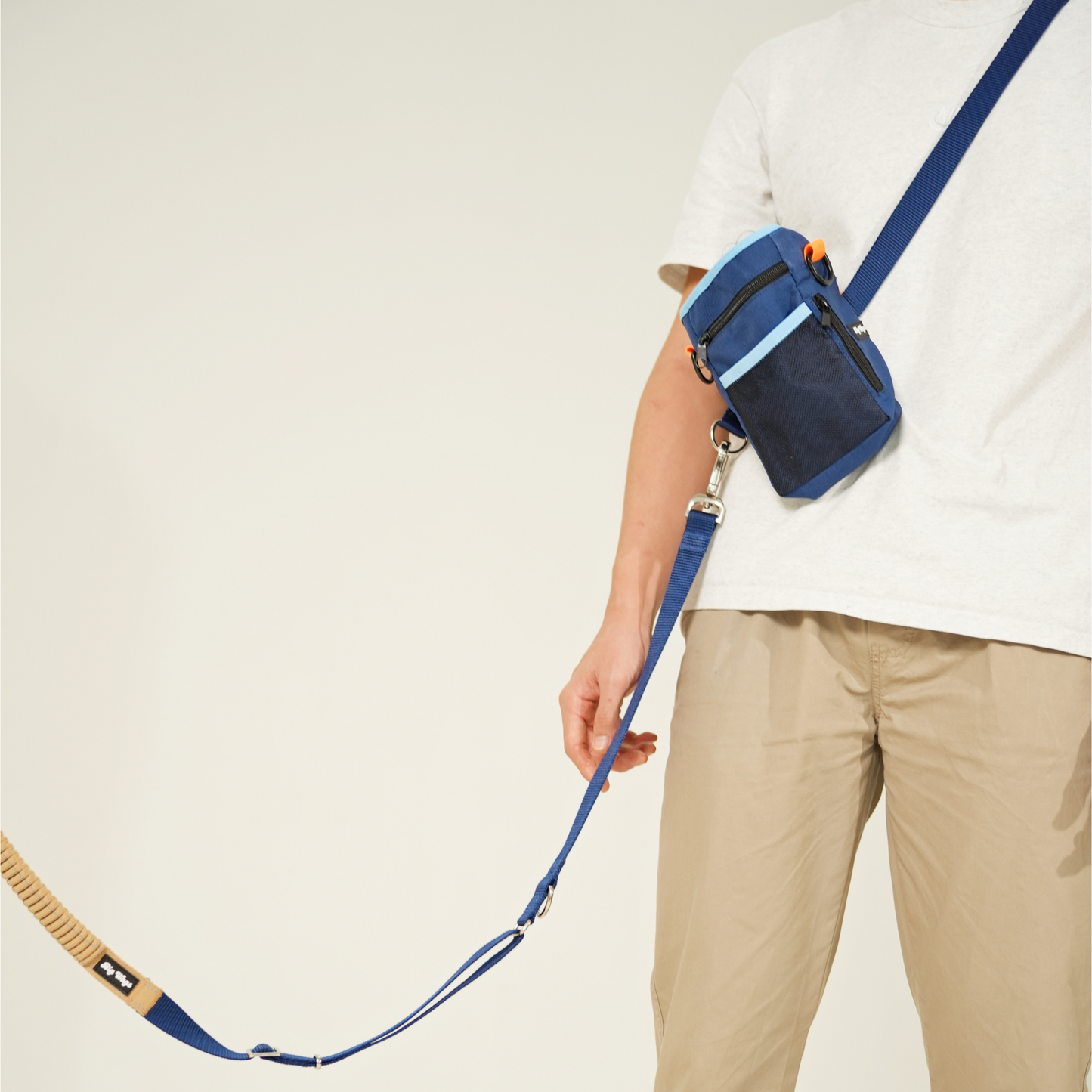 Big Wags Treat Pouch in blue and orange with sling